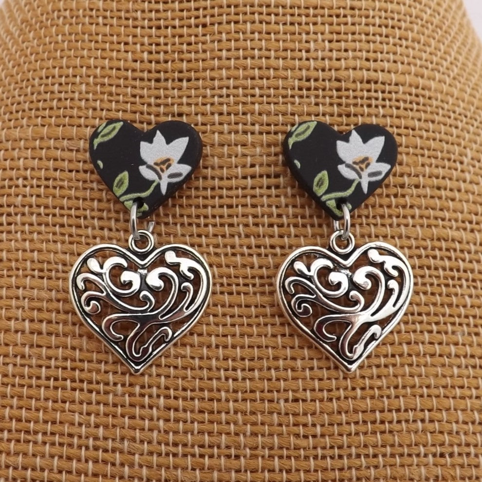 White, Black & Silver Floral Heart Earrings