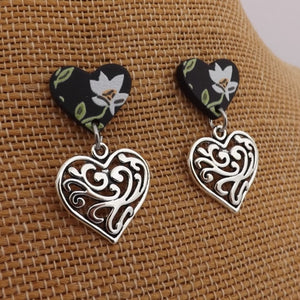 White, Black & Silver Floral Heart Earrings