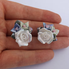 Load image into Gallery viewer, White, Blue &amp; Green Lustre Roses Stud Earrings
