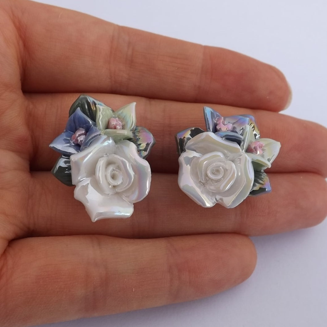White, Blue & Green Lustre Roses Stud Earrings