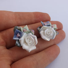 Load image into Gallery viewer, White, Blue &amp; Green Lustre Roses Stud Earrings
