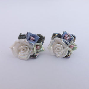 White, Blue & Green Lustre Roses Stud Earrings