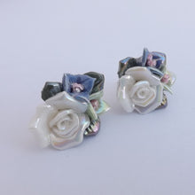 Load image into Gallery viewer, White, Blue &amp; Green Lustre Roses Stud Earrings
