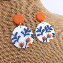 Load image into Gallery viewer, White, Blue &amp; Orange Floral Acrylic Earrings
