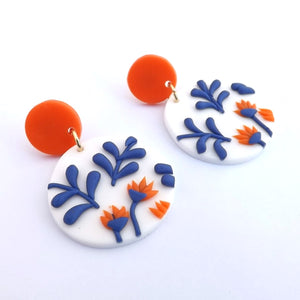 White, Blue & Orange Floral Acrylic Earrings