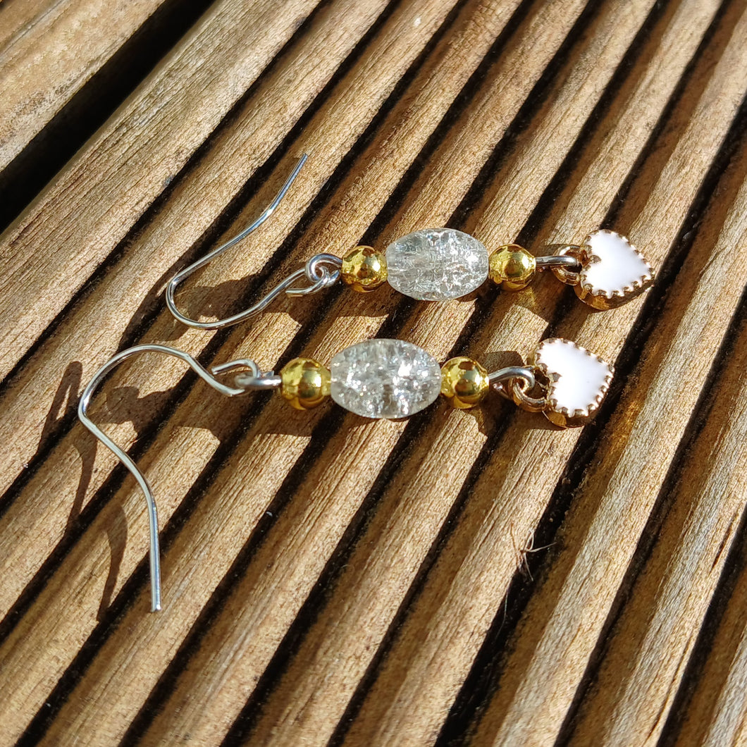 White & Gold Handmade Bead & Heart Charm Drop Earrings