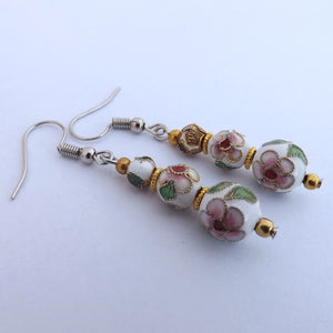 White, Pink & Gold Cloisonne Flower Handmade Bead Earrings