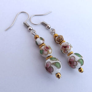 White, Pink & Gold Cloisonne Flower Handmade Bead Earrings