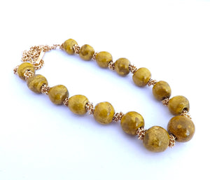 Yellow Ceramic Bead & Gold Chain Vintage Necklace (Made in NZ)