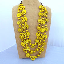 Load image into Gallery viewer, Yellow Chunky Triple Strand Wooden Bead Necklace
