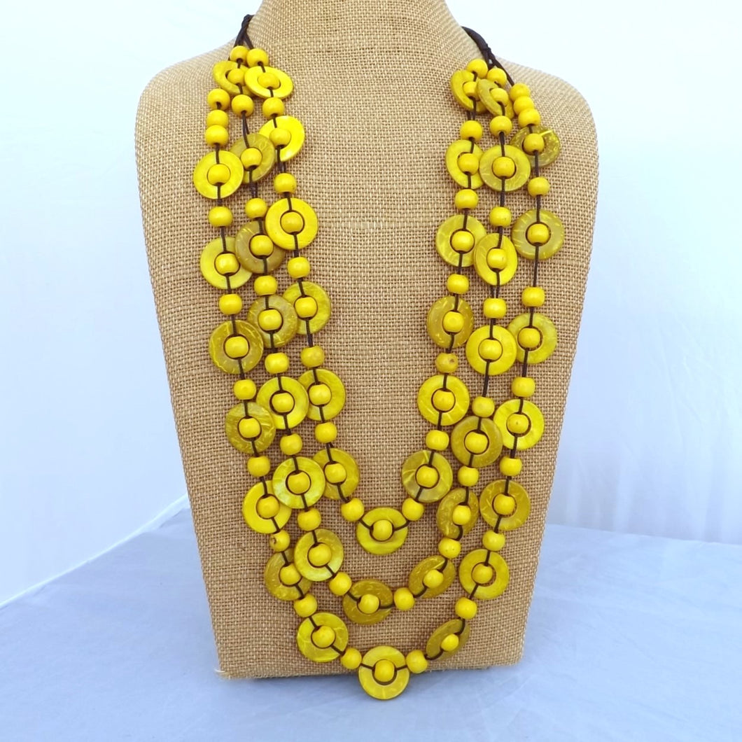 Yellow Chunky Triple Strand Wooden Bead Necklace