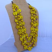 Load image into Gallery viewer, Yellow Chunky Triple Strand Wooden Bead Necklace
