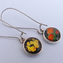 Load image into Gallery viewer, Yellow Pansy &amp; Orange Flowers Double Sided Dome Earrings on Long Kidney Hooks
