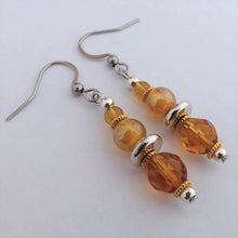 Load image into Gallery viewer, Yellow, Amber Brown &amp; Silver Tone Handmade Glass Bead Earrings
