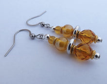 Load image into Gallery viewer, Yellow, Amber Brown &amp; Silver Tone Handmade Glass Bead Earrings
