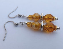 Load image into Gallery viewer, Yellow, Amber Brown &amp; Silver Tone Handmade Glass Bead Earrings
