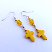 Load image into Gallery viewer, Yellow Cross Handmade Chain Link Bead Drop Earrings
