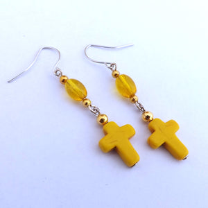 Yellow Cross Handmade Chain Link Bead Drop Earrings