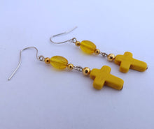 Load image into Gallery viewer, Yellow Cross Handmade Chain Link Bead Drop Earrings
