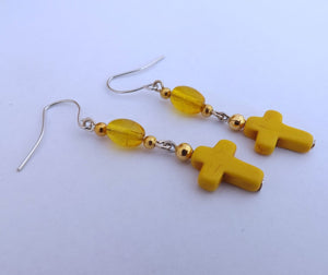 Yellow Cross Handmade Chain Link Bead Drop Earrings