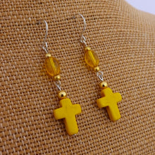 Load image into Gallery viewer, Yellow Cross Handmade Chain Link Bead Drop Earrings
