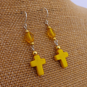 Yellow Cross Handmade Chain Link Bead Drop Earrings