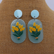 Load image into Gallery viewer, Yellow Daffodils on Blue Acrylic Drop Earrings
