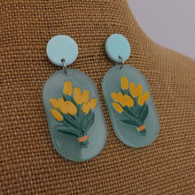 Load image into Gallery viewer, Yellow Daffodils on Blue Acrylic Drop Earrings
