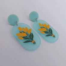 Load image into Gallery viewer, Yellow Daffodils on Blue Acrylic Drop Earrings
