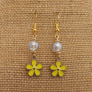 Yellow, Gold & Clear Floral Charm & Bead Drop Earrings