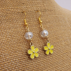Yellow, Gold & Clear Floral Charm & Bead Drop Earrings