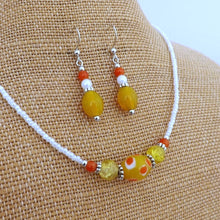 Load image into Gallery viewer, Yellow, Orange &amp; White Handmade Bead Necklace &amp; Earrings Set
