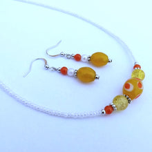 Load image into Gallery viewer, Yellow, Orange &amp; White Handmade Bead Necklace &amp; Earrings Set
