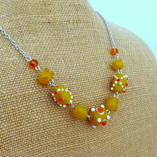 Load image into Gallery viewer, Yellow, Orange &amp; White Handmade  Lamp work Bed Chain Link Necklace
