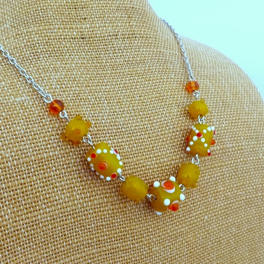 Yellow, Orange & White Handmade  Lamp work Bed Chain Link Necklace