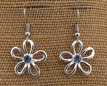 Load image into Gallery viewer, Blue &amp;  Silver Tone Flower Drop Earrings
