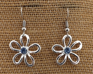 Blue &  Silver Tone Flower Drop Earrings