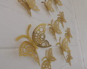 12x Gold Hollow Metallic Effect 3D Butterfly Wall Decals