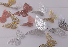 Load image into Gallery viewer, 12x Metallic Effect Rose Gold, Silver &amp; Gold Filigree Style Butterfly 3D Wall Decals
