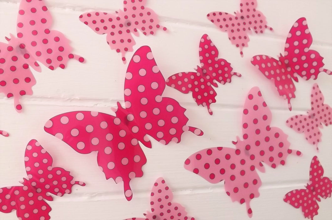 24x Pink Polka Dot Butterfly Wall Decals