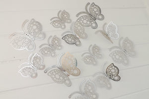 12x Silver Round Hollow Metallic Effect 3D Butterfly Wall Decals