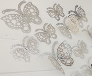 12x Silver Round Hollow Metallic Effect 3D Butterfly Wall Decals