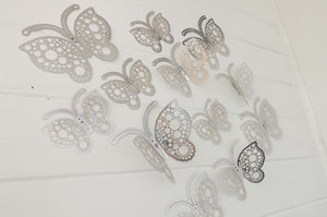 12x Silver Round Hollow Metallic Effect 3D Butterfly Wall Decals