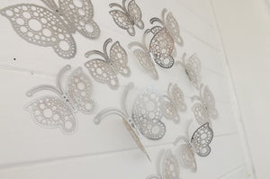 12x Silver Round Hollow Metallic Effect 3D Butterfly Wall Decals