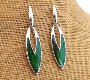 Green & Silver Tone Long Drop Earrings