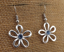 Load image into Gallery viewer, Blue &amp;  Silver Tone Flower Drop Earrings
