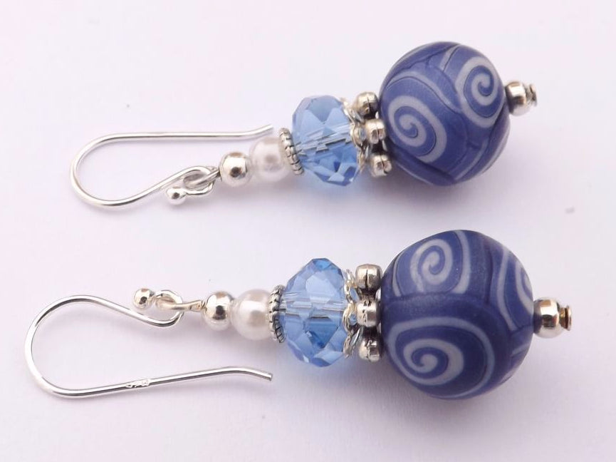 Blue & White Koru Kathryn Design Bead Earrings on Sterling Silver Hooks