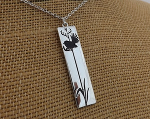 Fantail on Flax, Silver Tone Rectangle Pendant Necklace & Earrings (available separately)