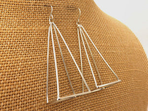 3 Dimensional Silver Tone Triangle Drop Earrings