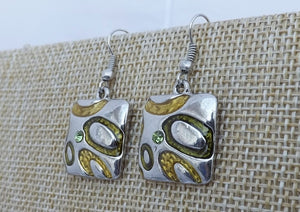 Green & Silver Tone Square Earrings